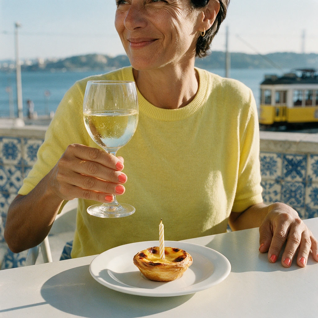 Femme de 40 ans levant son verre à une terrasse au bord du Tage à Lisbonne pour son anniversaire