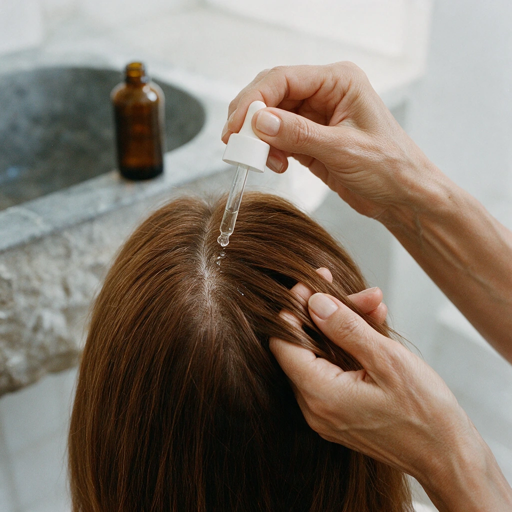 Femme appliquant quelques gouttes de lotion avec une pipette sur la raie de ses cheveux châtains fins