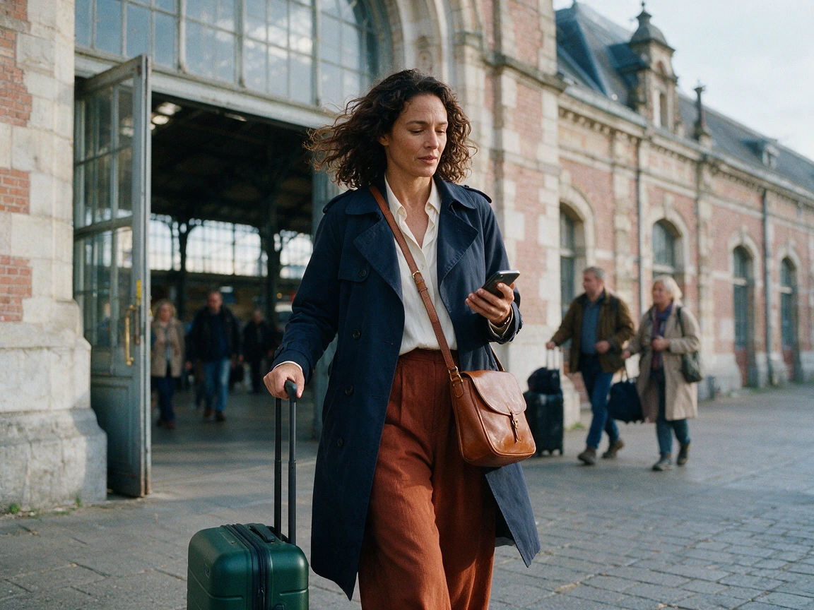 Femme aux cheveux bruns bouclés sortant d'une gare en brique et pierre avec une valise à roulettes, un matin d'automne