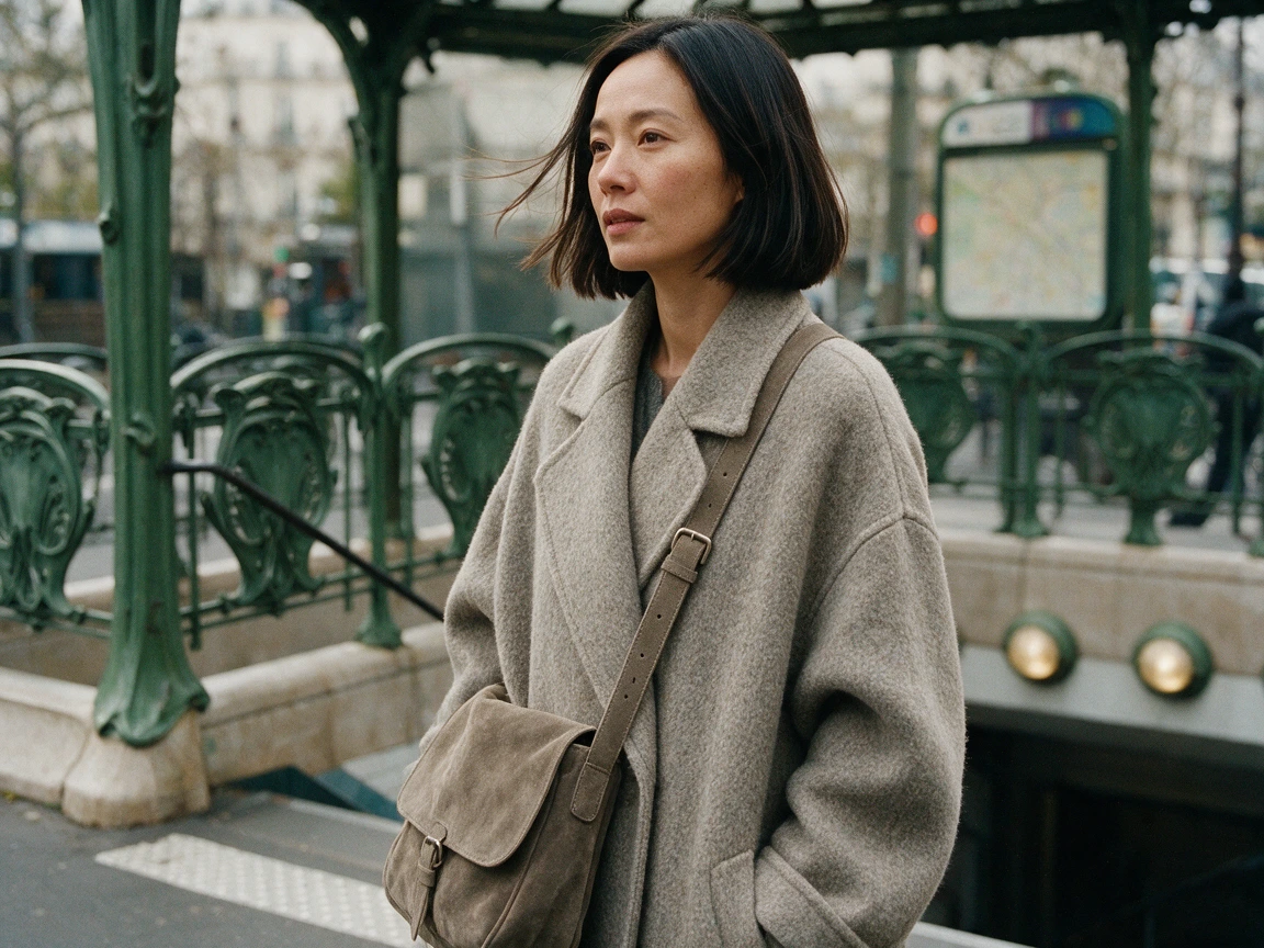 Femme portant en travers une besace en daim taupe à longue bandoulière par-dessus un manteau en laine épais