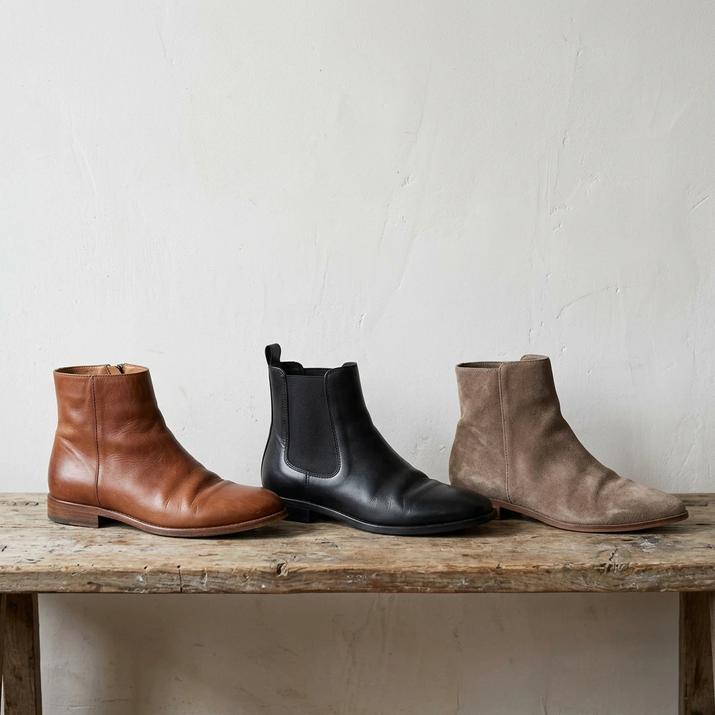 Trois bottines plates vues de profil, bout rond en cuir marron, bout carré noir et bout pointu en daim taupe