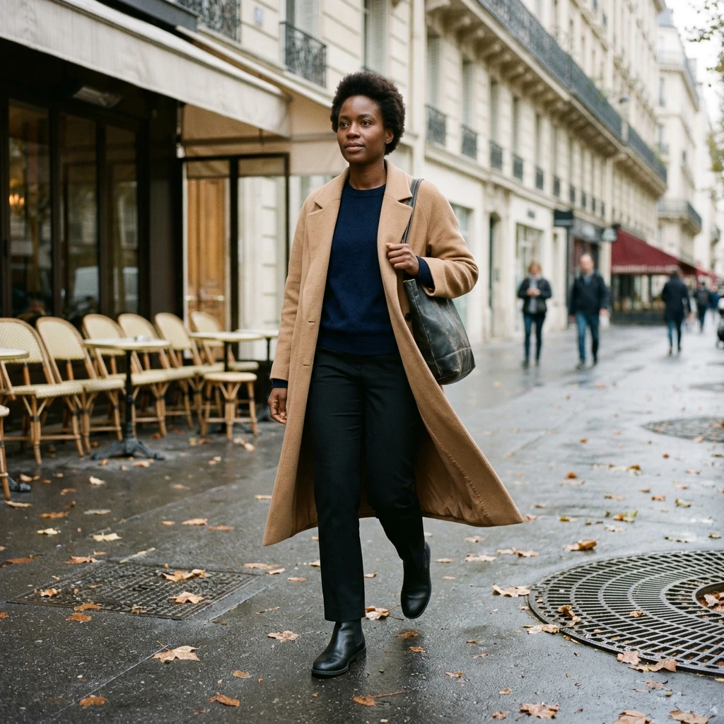Femme d'une trentaine d'années marchant sur un trottoir parisien en bottines plates noires, pantalon droit et manteau camel