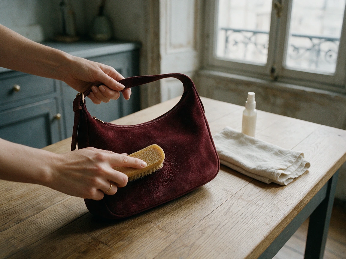 Mains brossant un sac en daim bordeaux avec une brosse crêpe sur une table de cuisine en bois