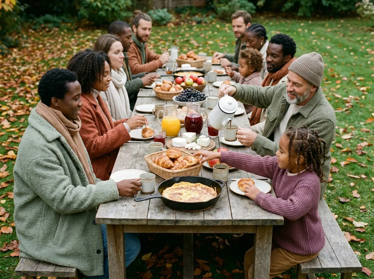 Brunch servi sur une longue table en bois dans un jardin d'automne, avec des enfants et des adultes attablés