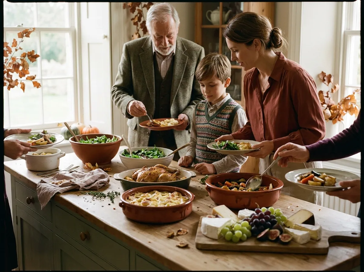 Grande table de buffet familial avec plats chauds, salades et fromages, trois générations se servant ensemble