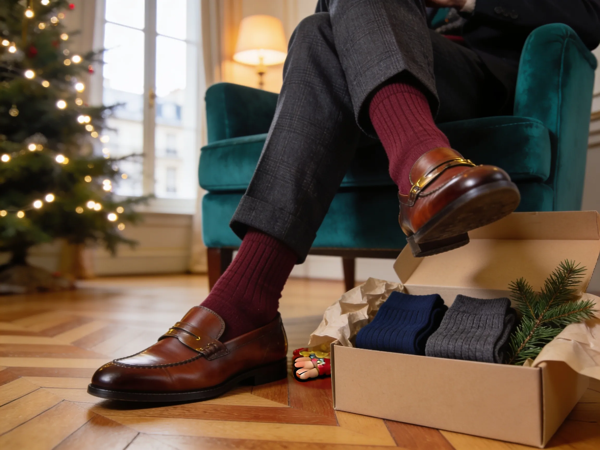 Jambes croisées d'un homme en pantalon de flanelle laissant voir des chaussettes bordeaux et des mocassins, coffret cadeau au sol