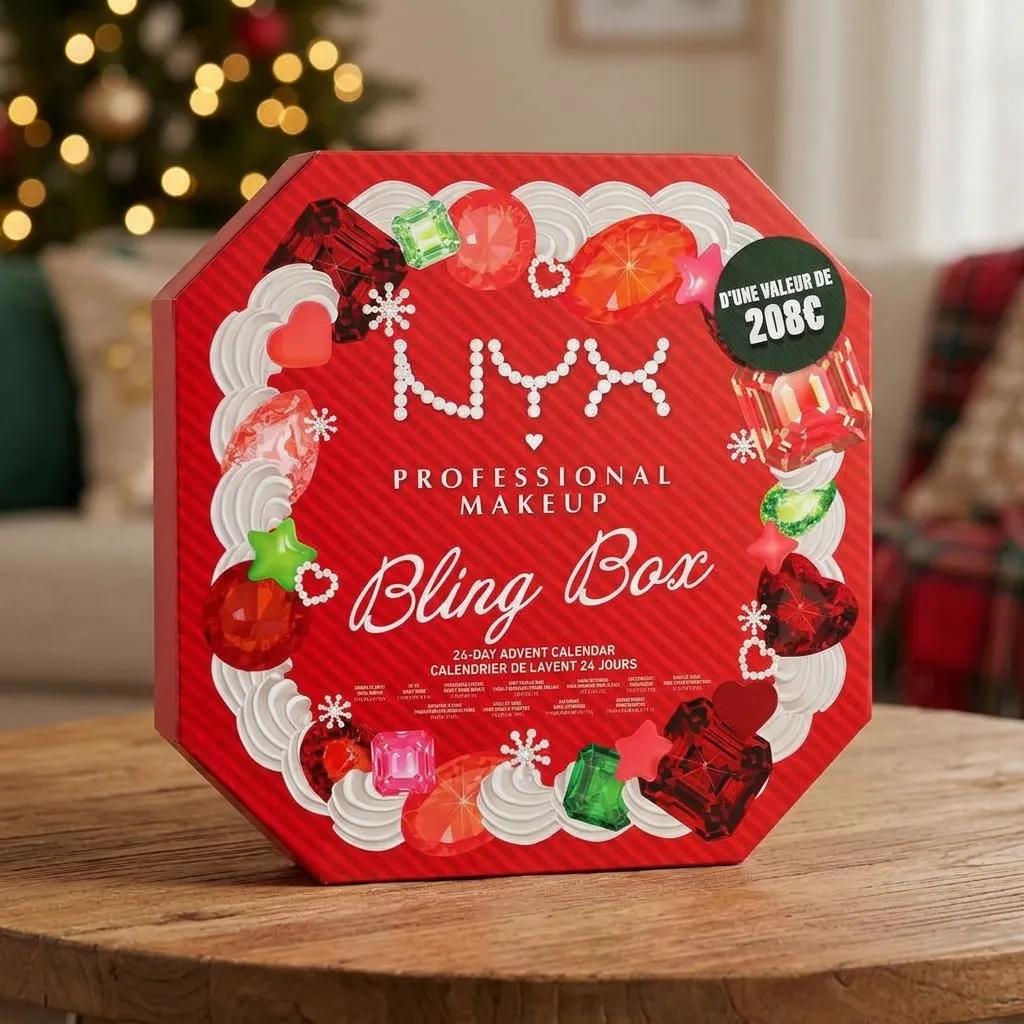 Calendrier de l'Avent maquillage en forme d'écrin octogonal rouge orné de faux bijoux dorés, présenté fermé