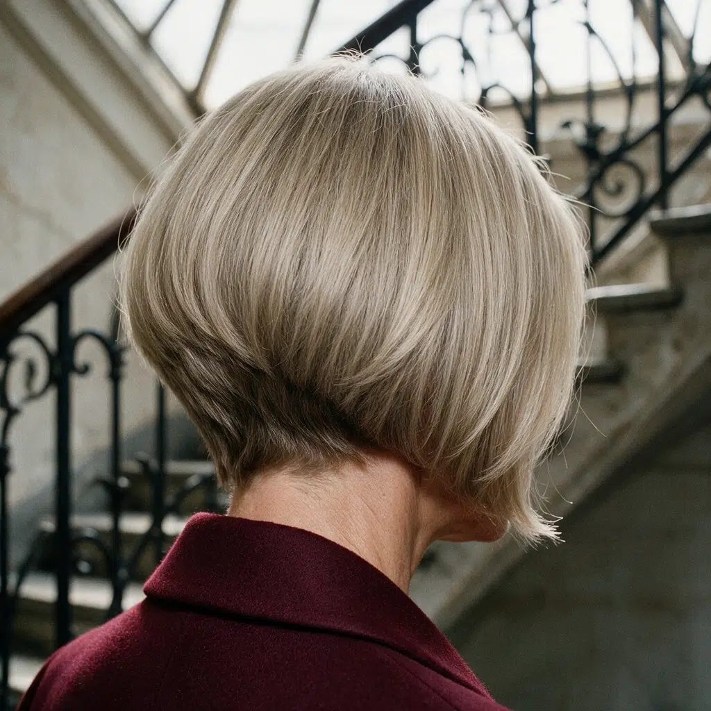 Vue de trois quarts dos d'un carré court empilé blond cendré, nuque dégradée et volume bombé à l'arrière du crâne