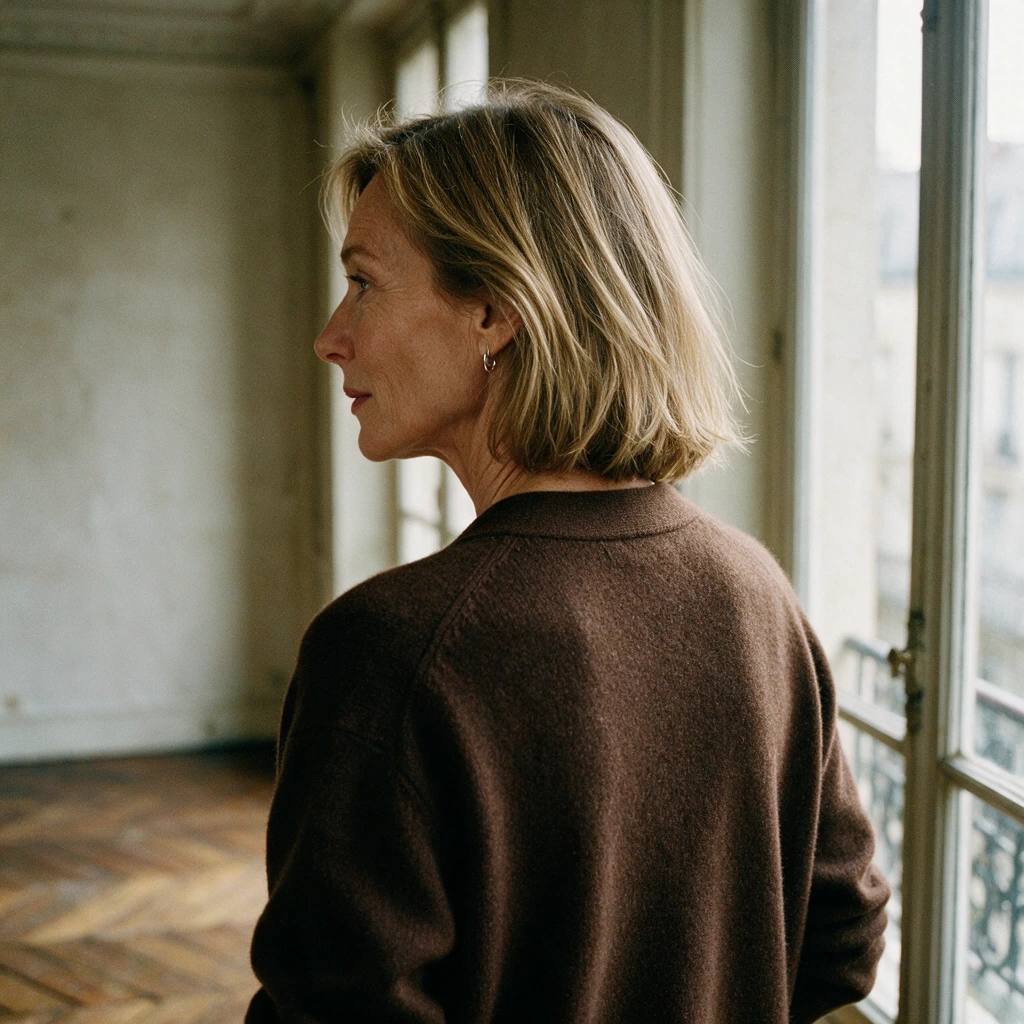 Femme aux cheveux fins blond foncé coupés en carré mi-long légèrement dégradé, vue de trois quarts dos