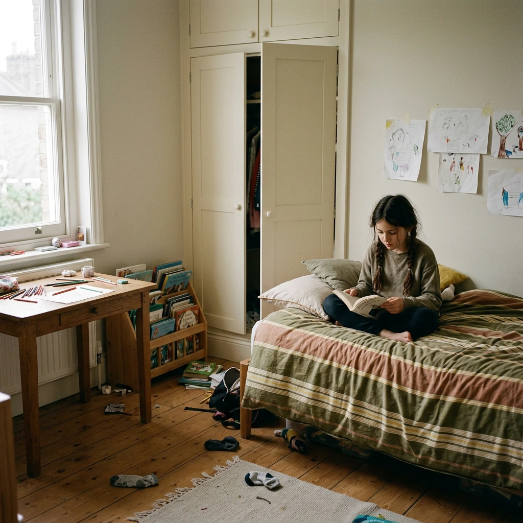 Chambre d'enfant d'une dizaine de mètres carrés avec lit simple, petit bureau sous la fenêtre et placard intégré