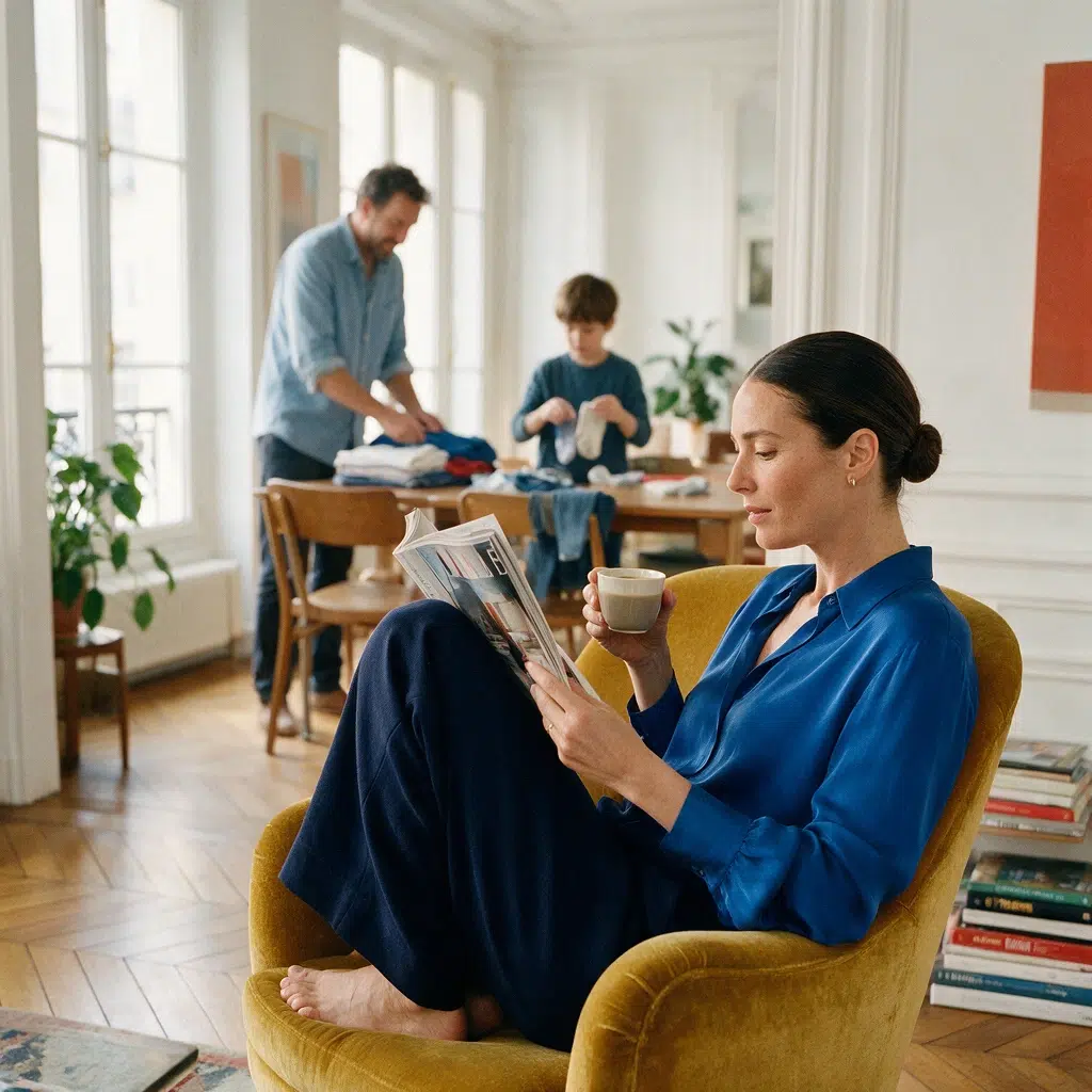 charge-mentale-repartition-taches-famille Femme lisant un magazine dans un fauteuil pendant que son conjoint et son fils plient le linge en arrière-plan