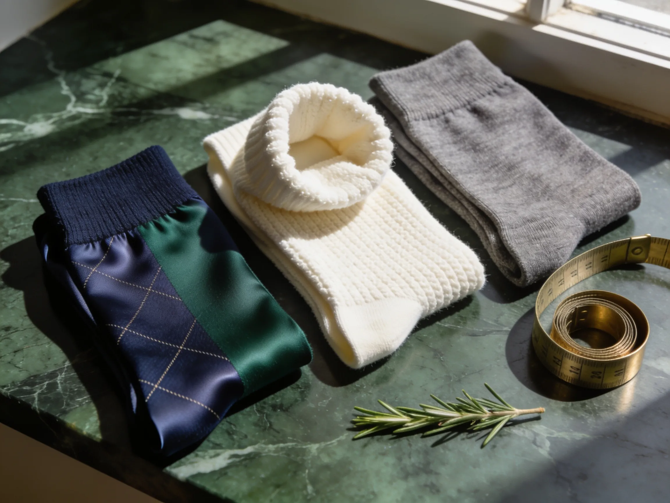 Trois paires de chaussettes pour homme en fil d'Écosse, bouclette et laine mérinos posées sur du marbre vert