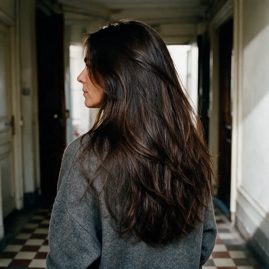Femme aux cheveux bruns longs et épais, coupés en dégradé désépaissi qui laisse la racine se soulever au sommet