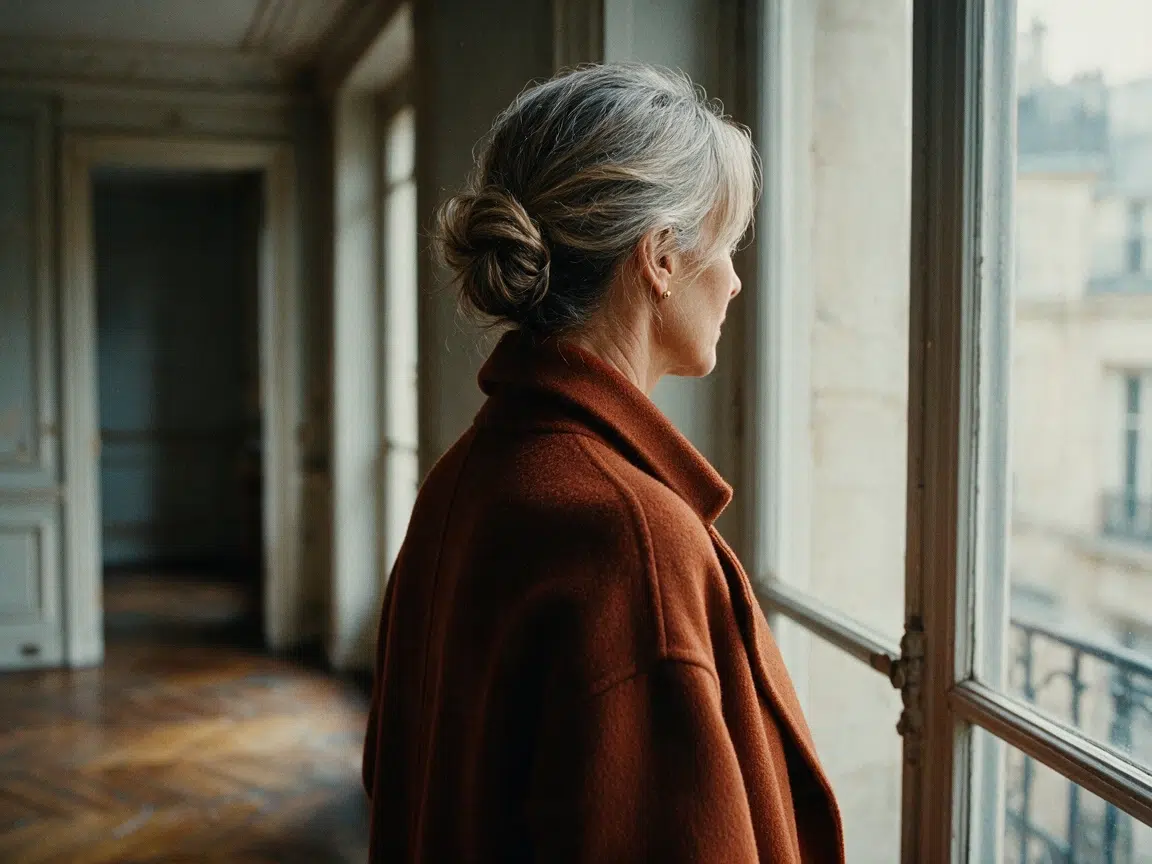 Femme d'une cinquantaine d'années aux cheveux fins poivre et sel attachés en chignon bas texturé, vue de trois quarts dos