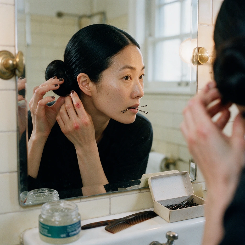 Femme aux cheveux noirs réalisant un chignon bas lissé raie au milieu pour une coiffure d'Halloween chic