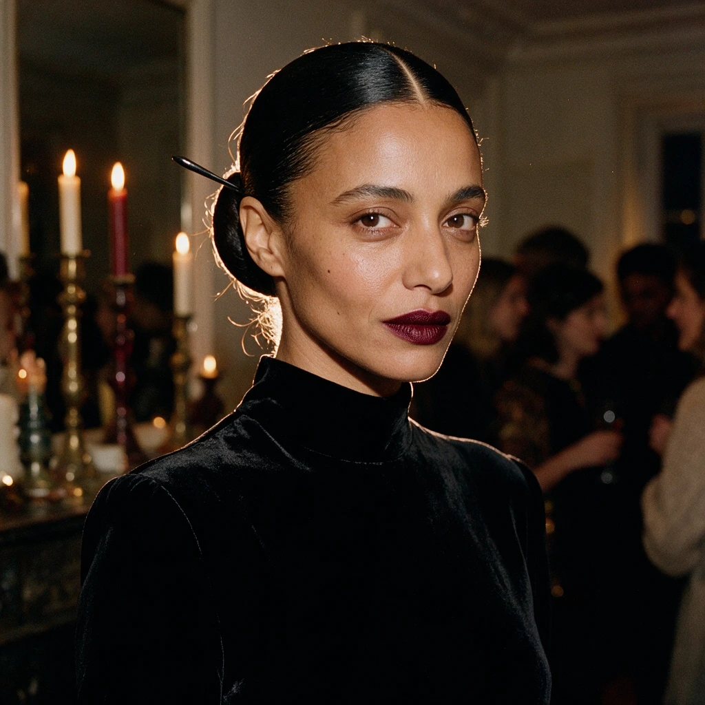 Femme aux cheveux crépus portant un chignon haut volumineux, baby hair en volutes et épingle en métal sombre