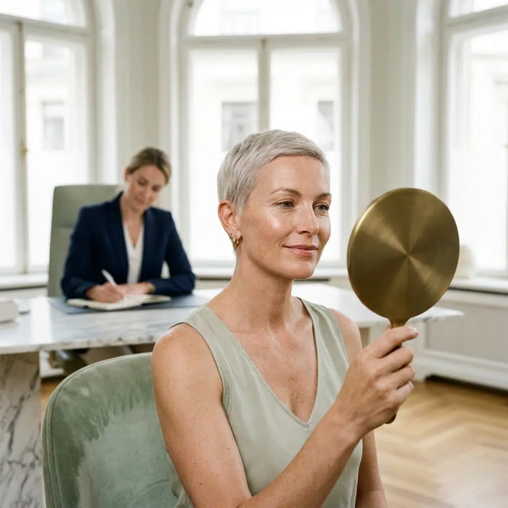 clinique-medecine-esthetique-rennes-consultation Femme quadragénaire à la peau naturelle se regardant dans un miroir lors d’une consultation de médecine esthétique
