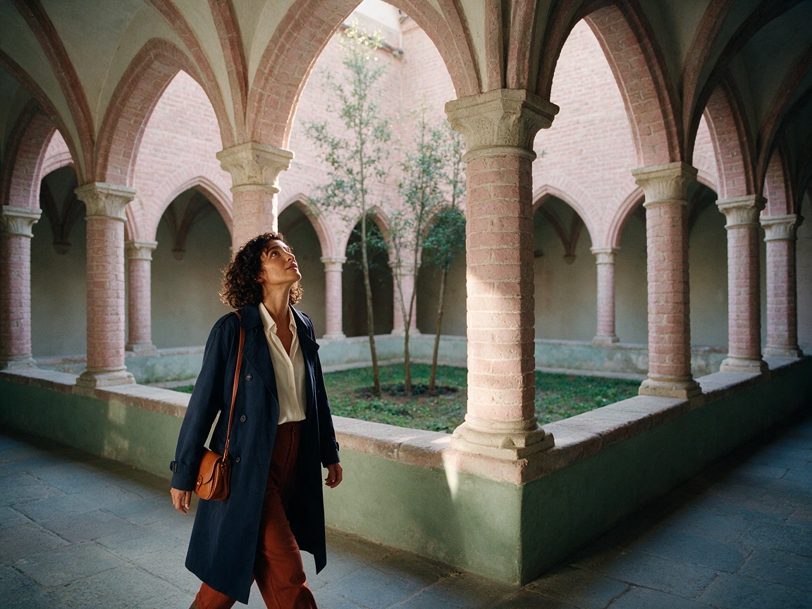 Femme sans bagage marchant sous les arcades d'un cloître en brique rose, un petit sac en cuir à l'épaule