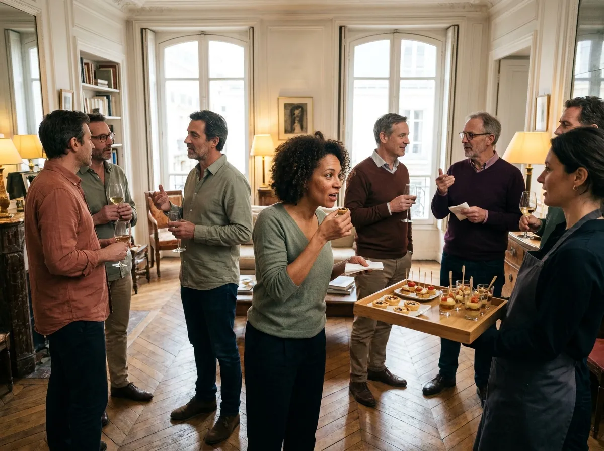 Invités debout dans un salon ancien, une serveuse leur tend un plateau de bouchées salées en fin d'après-midi