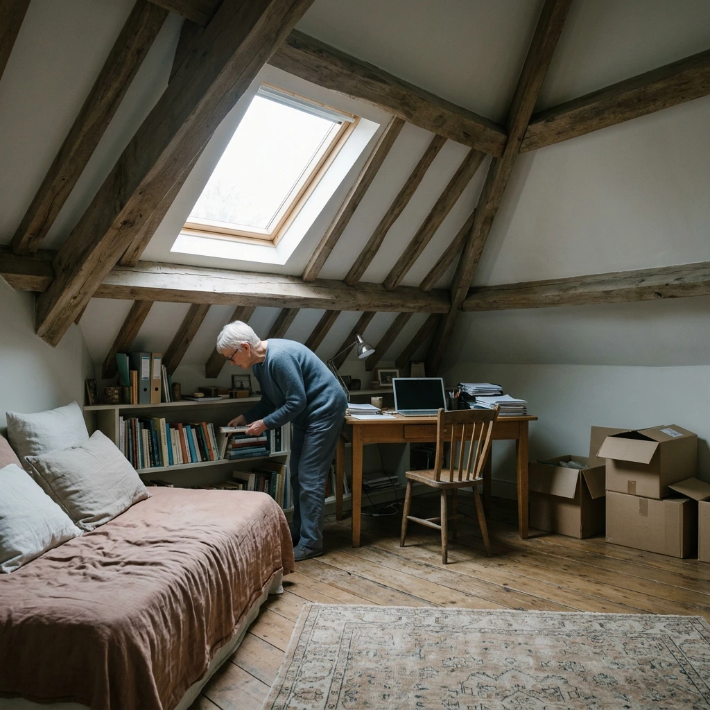 Combles aménagés sous des poutres apparentes, avec bureau sous une fenêtre de toit et banquette-lit en lin