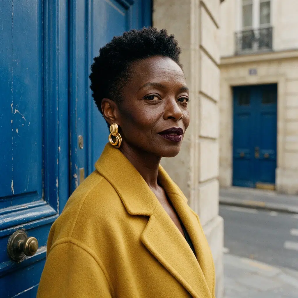 Femme noire d'une cinquantaine d'années aux cheveux crépus courts coupés en forme arrondie, plus longs sur le dessus