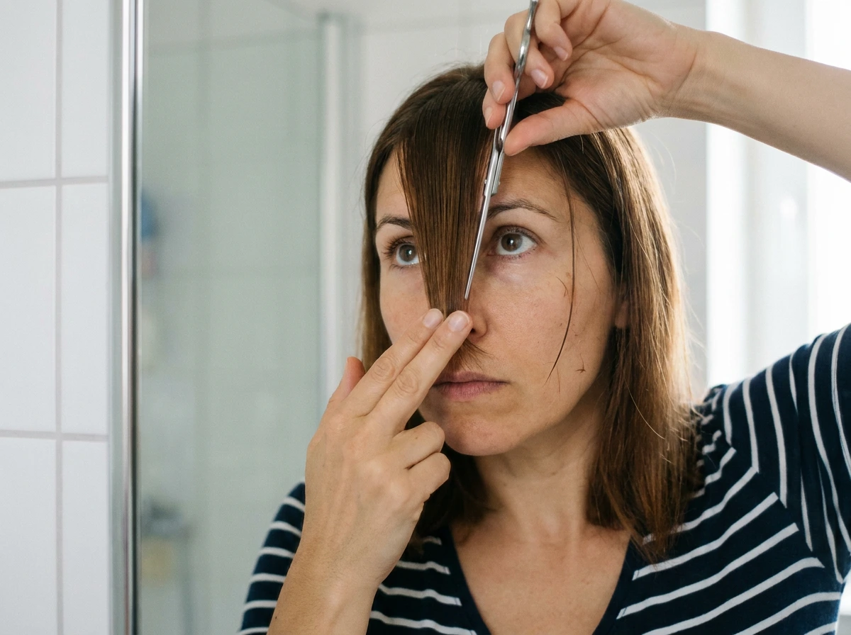 Frange peignée devant le visage, pincée entre deux doigts au niveau du nez et coupée par entailles verticales