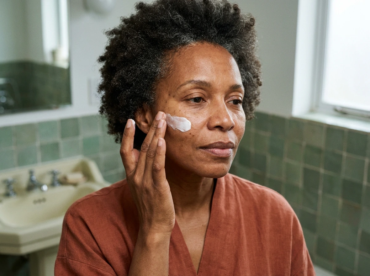 Femme d'une cinquantaine d'années à la peau brune appliquant une crème épaisse sur la pommette, salle de bains en zellige