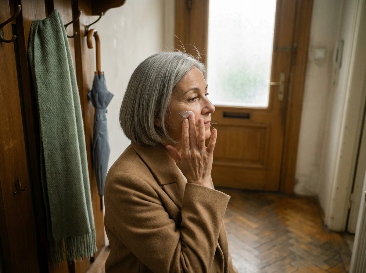 Femme d'environ soixante ans au carré gris appliquant une crème solaire sur la joue, son manteau déjà sur les épaules