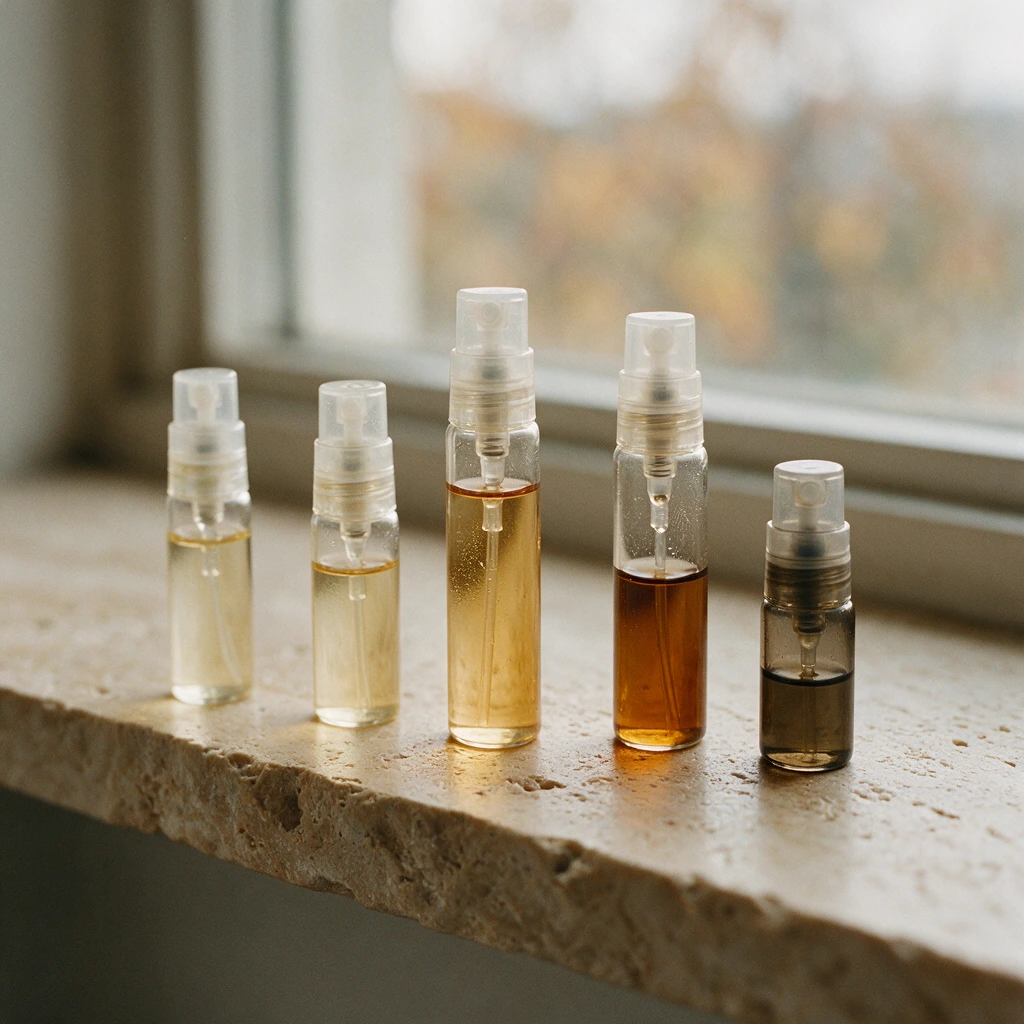 Petits vaporisateurs en verre de tailles différentes remplis de parfums dorés et ambrés sur une étagère en travertin