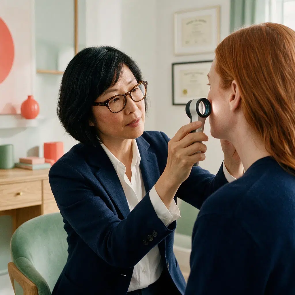 Dermatologue examinant la peau d'une patiente avec une loupe de diagnostic dans un cabinet de médecine esthétique lumineux