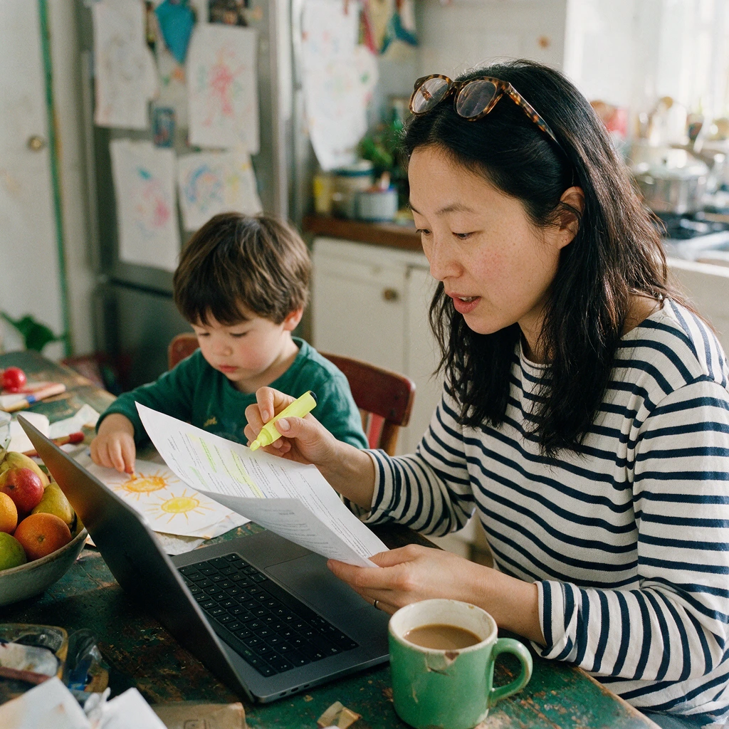 Mère comparant des devis d'agences de garde d'enfant à la table de la cuisine, son fils dessinant à côté