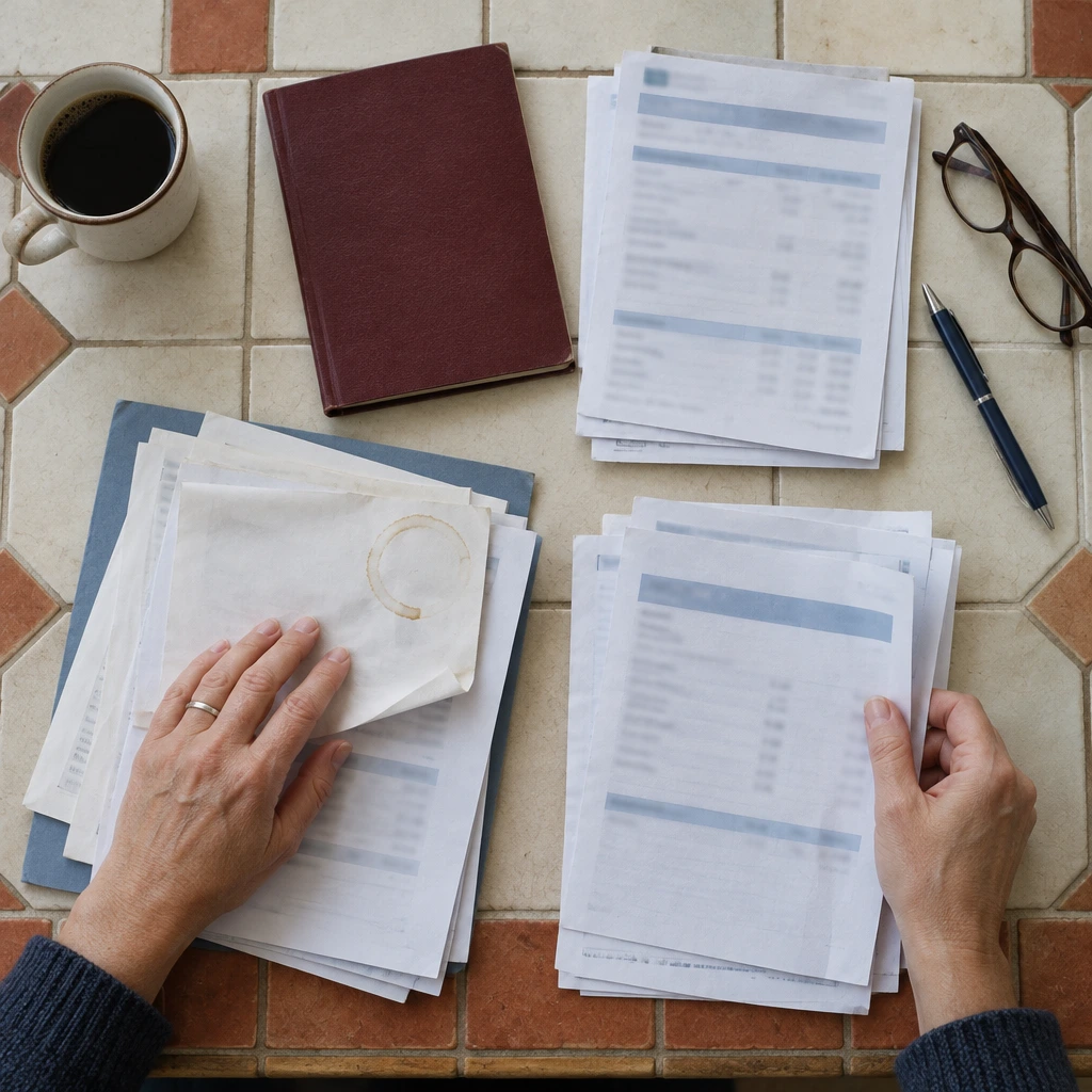 Mains triant des documents administratifs et un livret de famille sur une table de cuisine au carrelage ancien