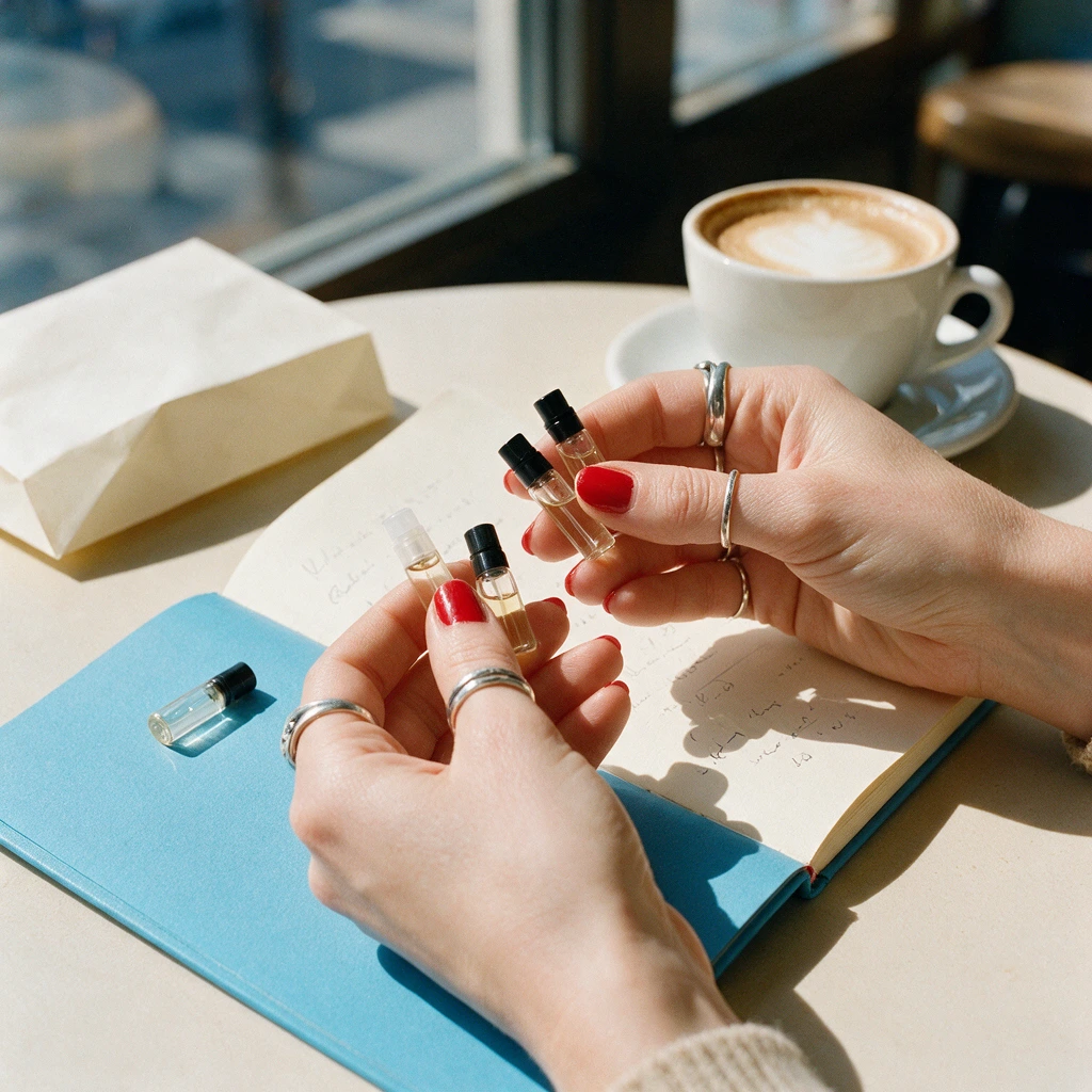 Mains tenant plusieurs échantillons de parfum en flacons miniatures au-dessus d'un carnet de notes