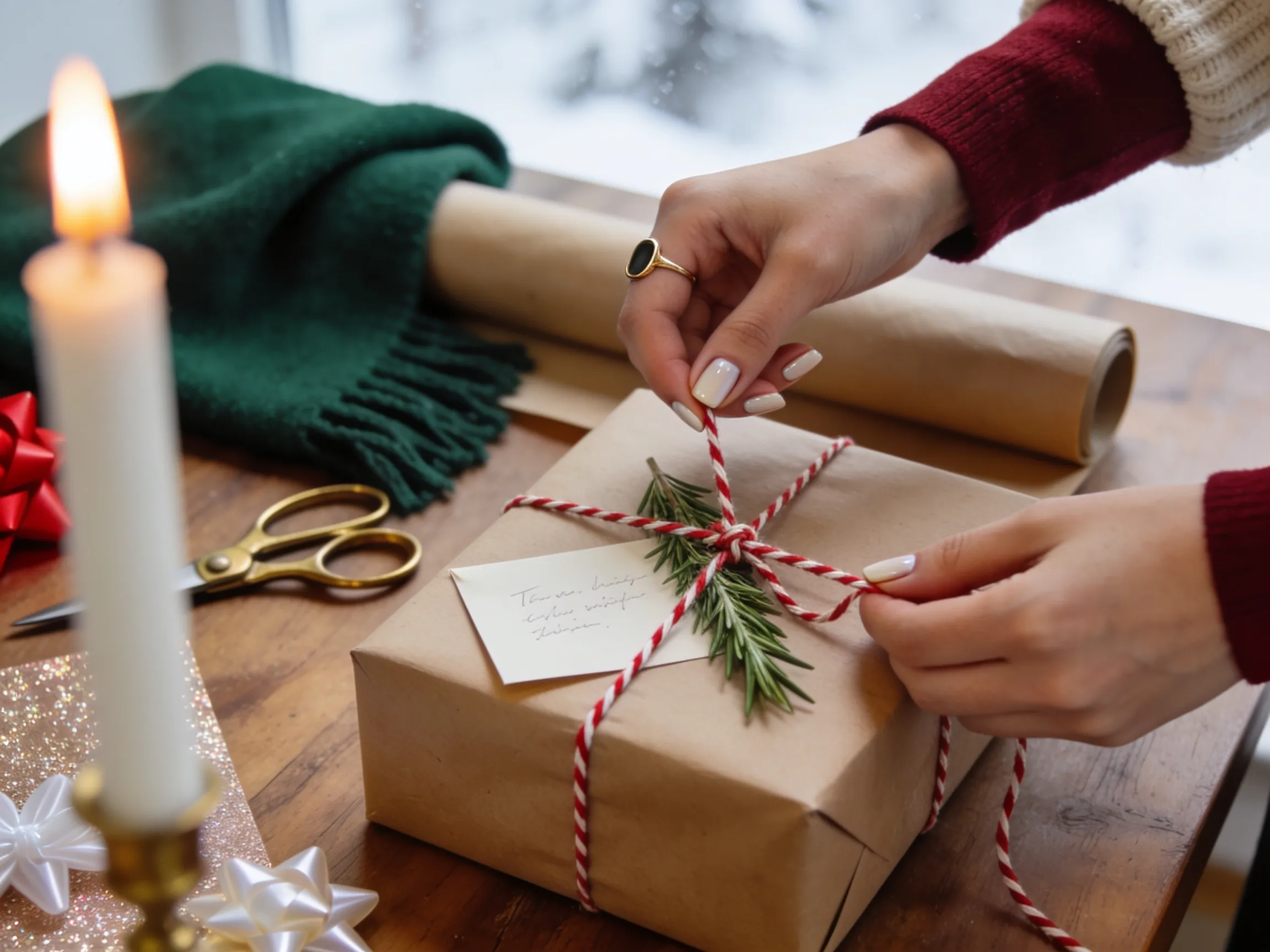 Mains nouant une ficelle autour d'un paquet cadeau en papier kraft orné d'un brin de romarin