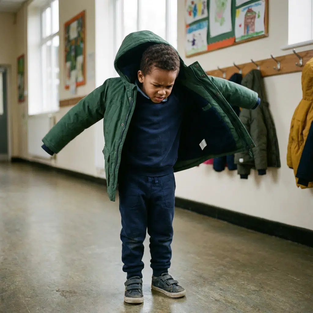 Petit garçon de quatre ans aux cheveux bouclés enfilant seul son manteau retourné dans le couloir d'une école