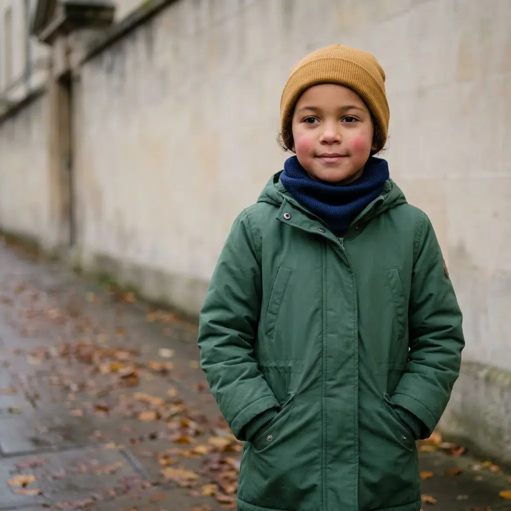 enfant-parka-bonnet-froid Fillette de sept ans en parka verte, bonnet moutarde et tour de cou marine, mains dans les poches, sur un trottoir