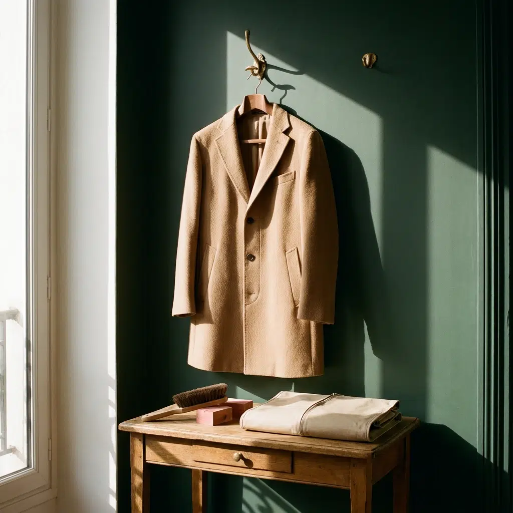 Manteau en laine camel suspendu sur un cintre large en bois, avec une brosse à vêtements posée sur une console