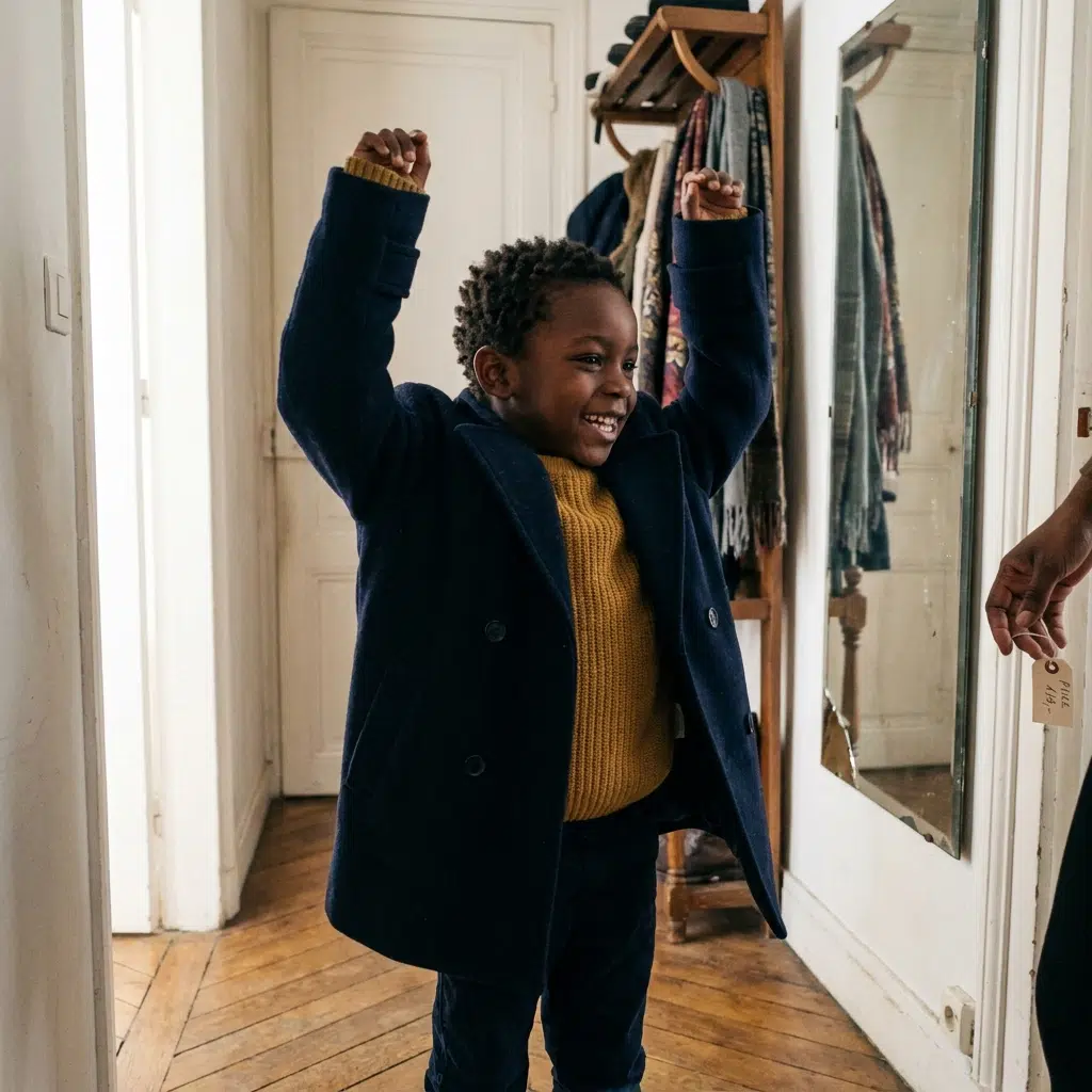 Garçon de six ans qui essaie un manteau bleu marine, les deux bras levés, devant le miroir d'un couloir
