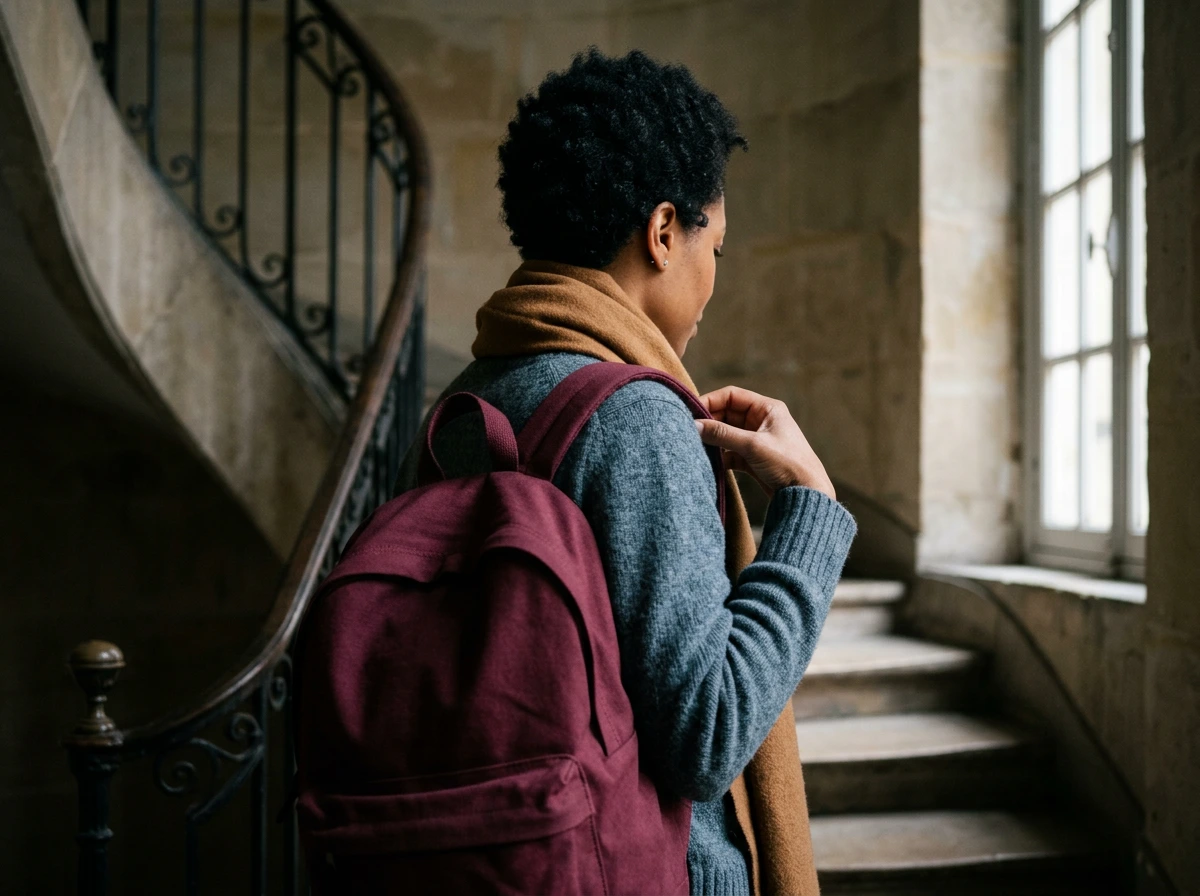 Femme aux cheveux bouclés noirs vue de trois quarts dos, ajustant la bretelle rembourrée d'un sac à dos bordeaux