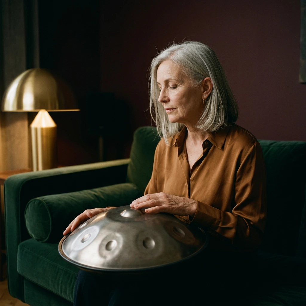 Femme aux cheveux argentés jouant du handpan le soir sur un canapé en velours vert, à la lumière d'une lampe en laiton