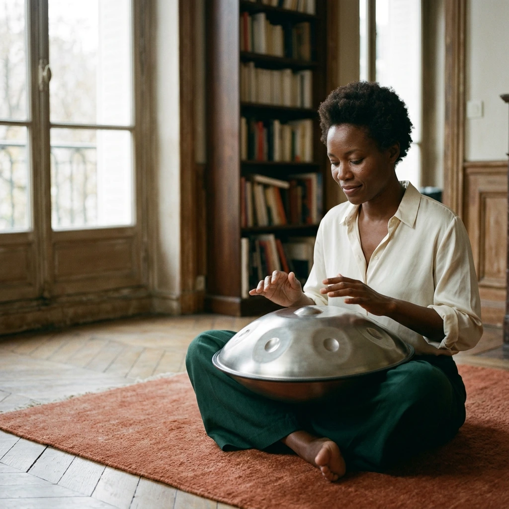 Femme aux cheveux crépus assise en tailleur sur un tapis rouille, un handpan posé sur les genoux, dans un appartement ancien