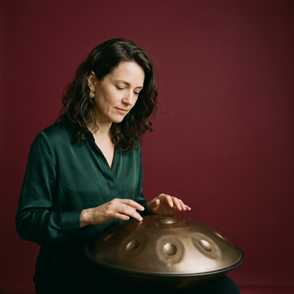 Femme d’une quarantaine d’années aux cheveux bruns ondulés, les mains posées sur un handpan bronze, devant un fond bordeaux