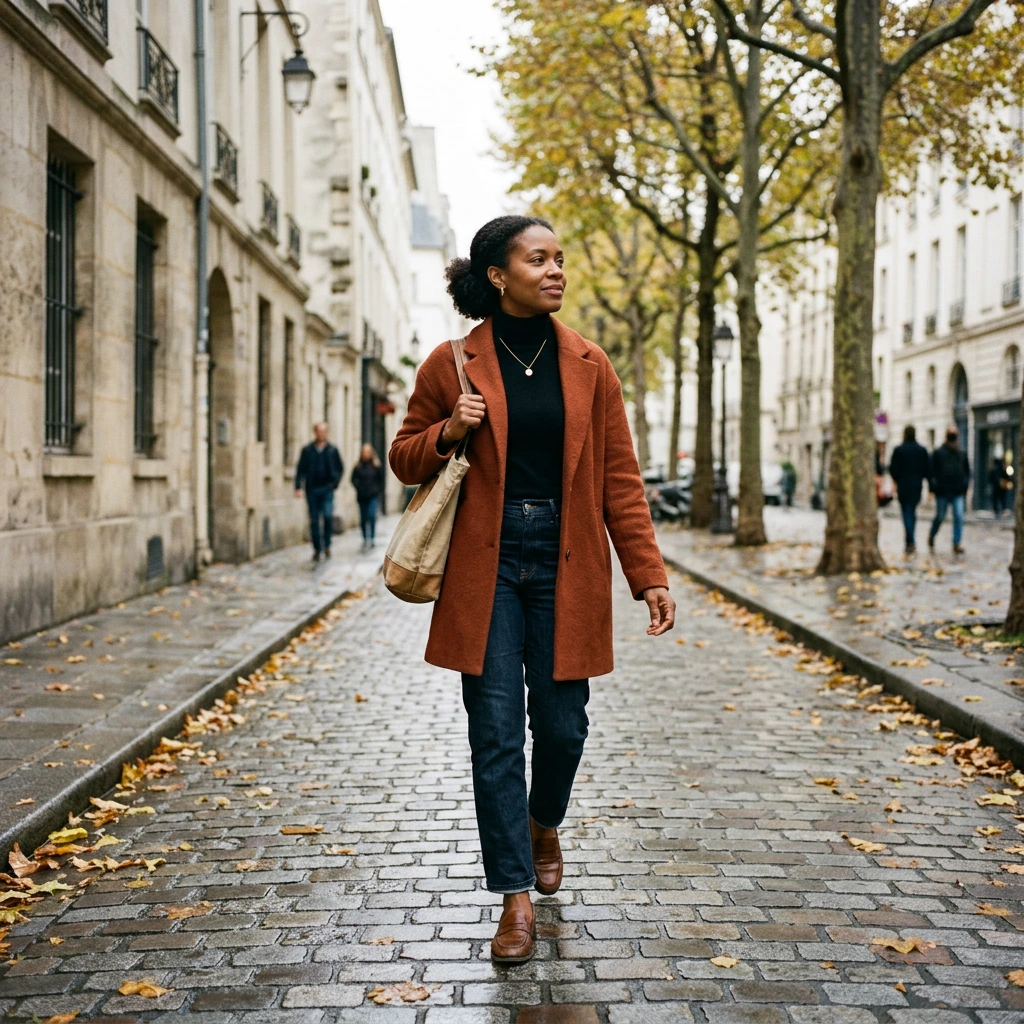 Femme d'une quarantaine d'années en manteau rouille marchant dans une rue pavée bordée d'arbres jaunis