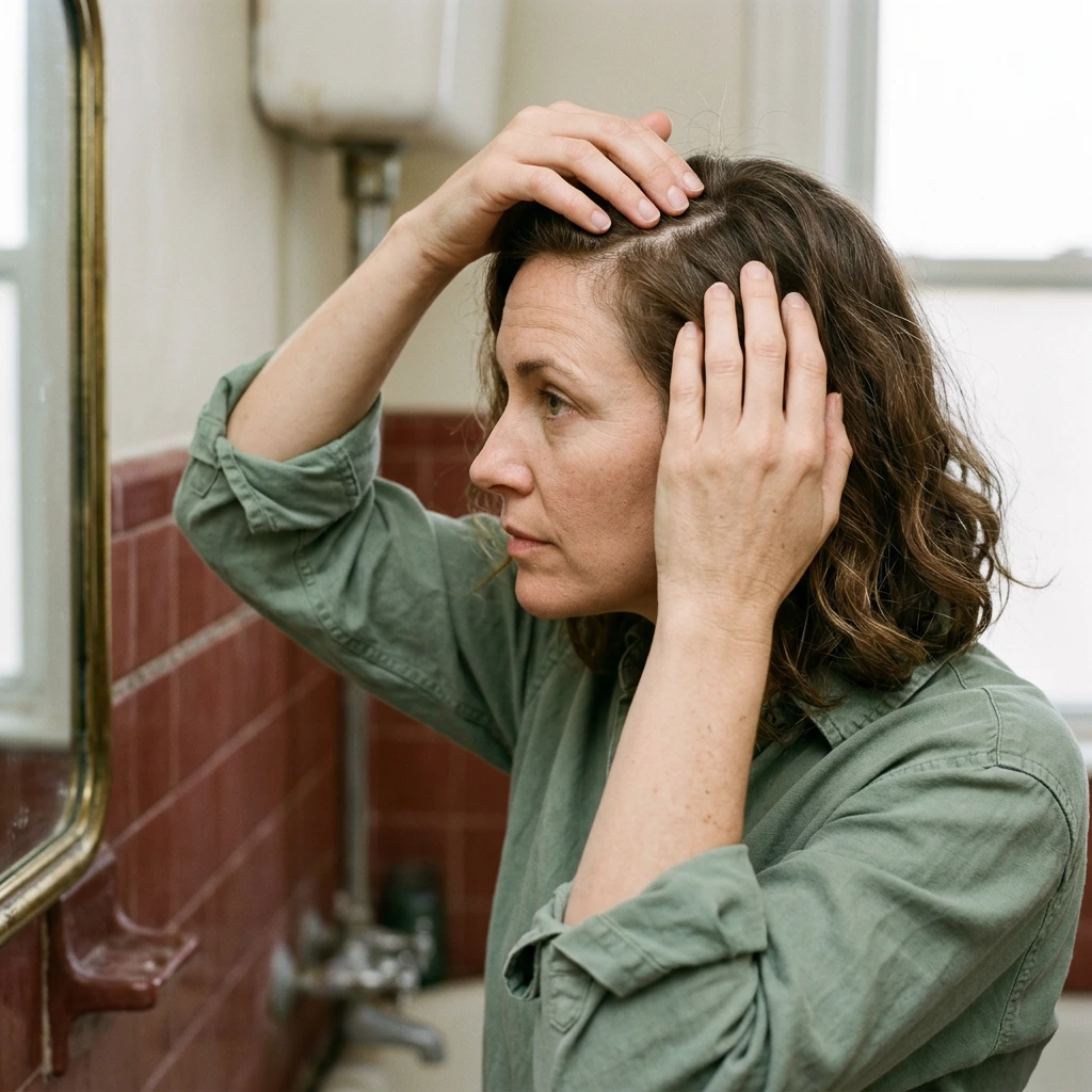 Femme d'une quarantaine d'années aux cheveux bruns ondulés qui écarte une mèche pour observer son cuir chevelu dans un miroir