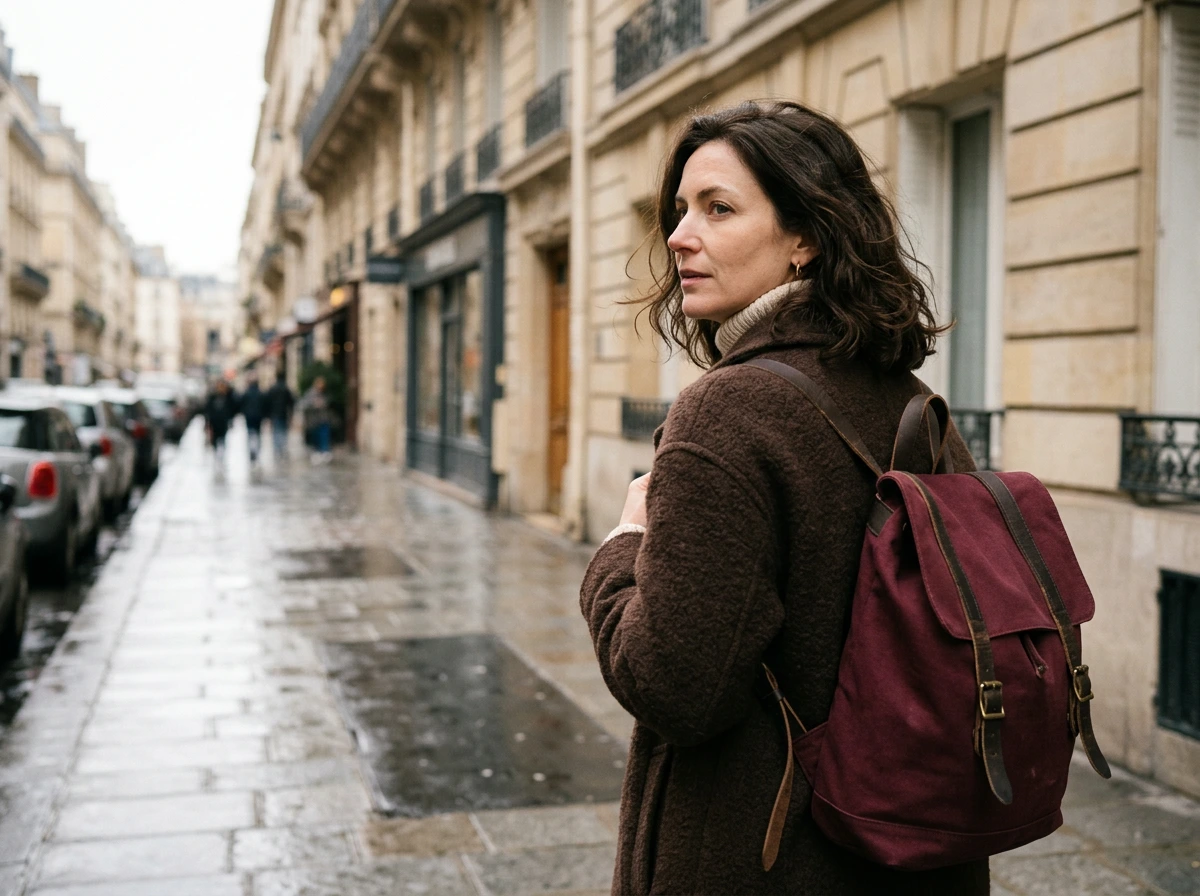 femme-sac-a-dos-toile-bordeaux-rue-paris Femme d’une quarantaine d’années de trois quarts dos, sac à dos en toile bordeaux sur un manteau chocolat, rue parisienne mouillée
