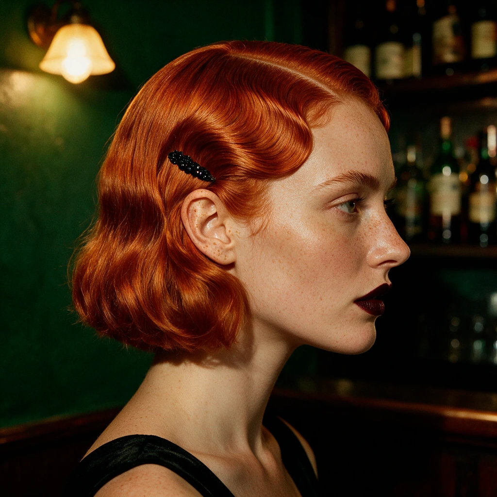 Carré court roux coiffé en finger waves années 20, vagues en S brillantes pour une soirée d'Halloween