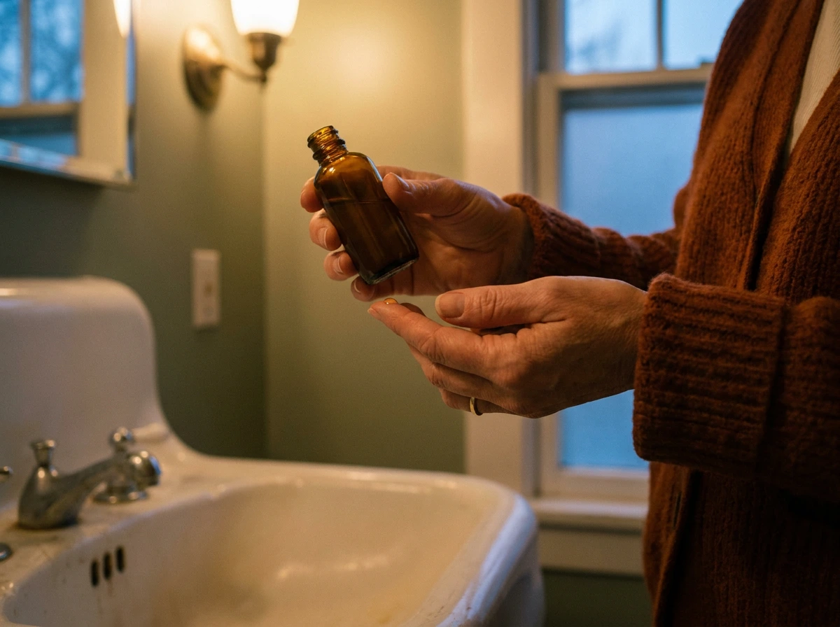 Mains d'une femme d'une cinquantaine d'années tenant un flacon compte-gouttes en verre ambré au-dessus d'un lavabo