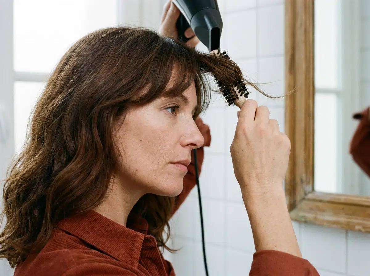 Moitié de frange enroulée vers l'extérieur sur une petite brosse ronde pendant le séchage au sèche-cheveux