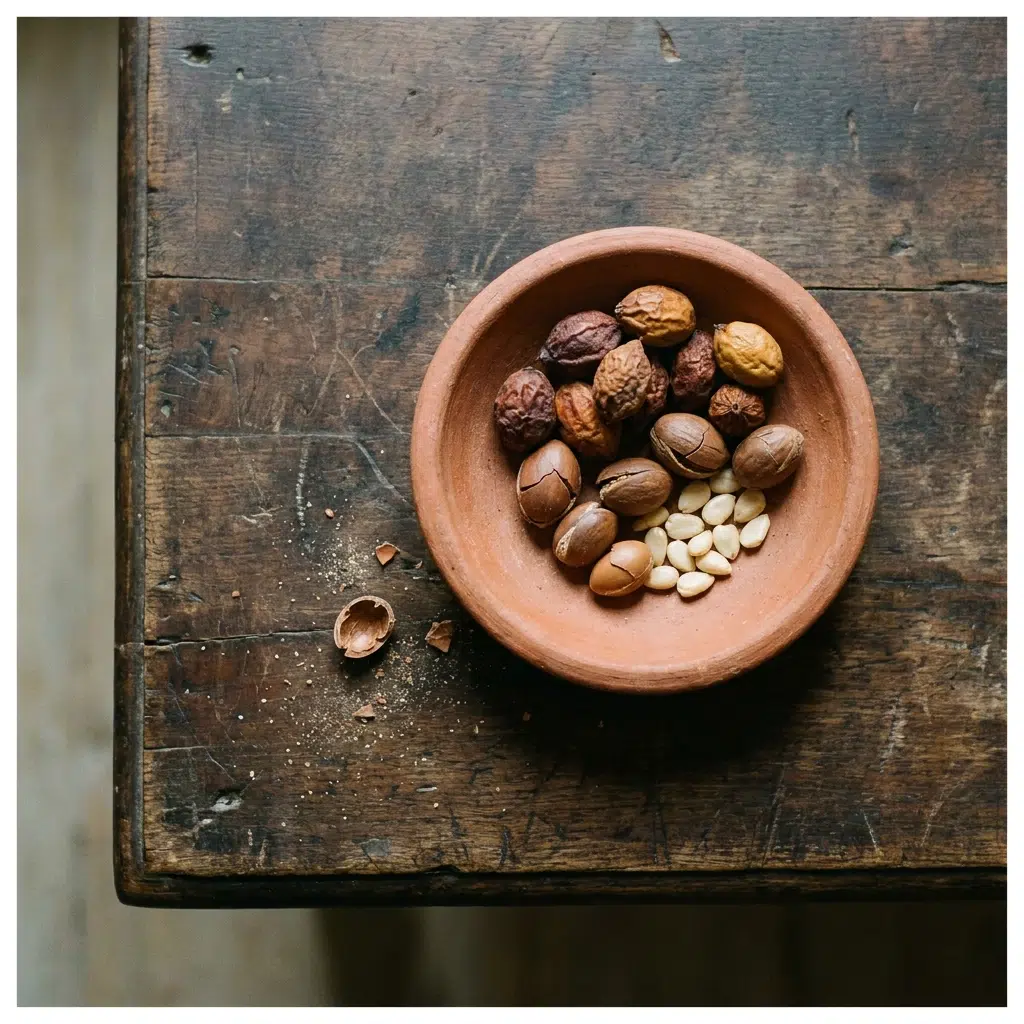 Fruits d'arganier et amandons décortiqués dans une coupelle en terre cuite posée sur une table en bois sombre
