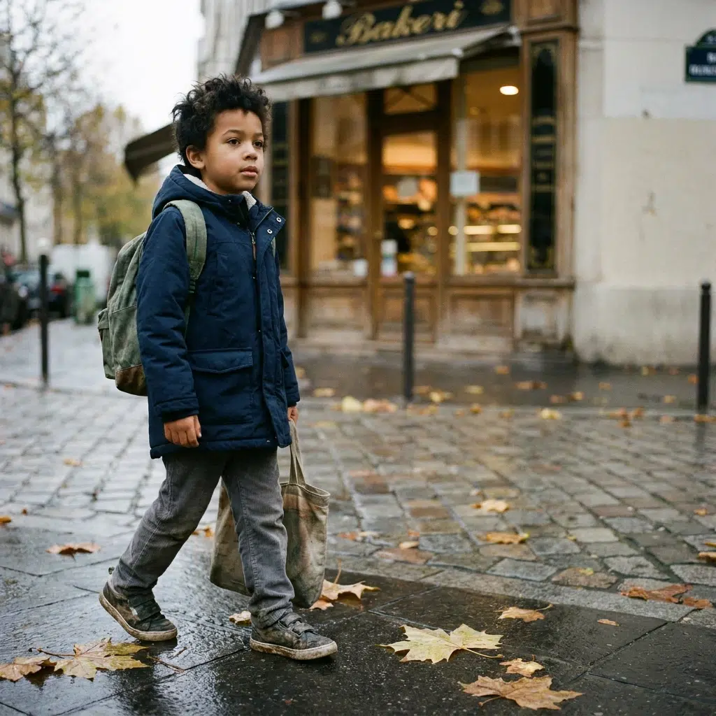 Garçon d'environ sept ans en parka bleu marine, cartable sur le dos, marchant sur un trottoir pavé un matin d'automne
